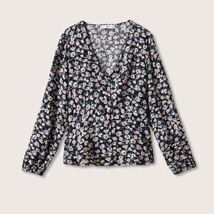 MANGO floral button up v-neck blouse size L